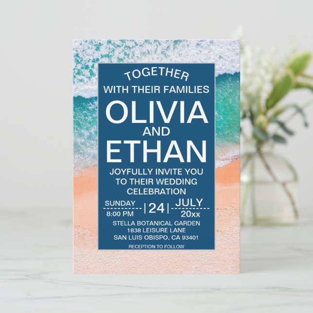 Elegant Beach Navy Blue Sea Waves Summer Wedding Einladung (Stehend Vorderseite)