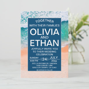 Elegant Beach Navy Blue Sea Waves Summer Wedding Einladung