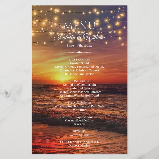 Elégant Beach String Lights Menu Mariage d'été (Devant)