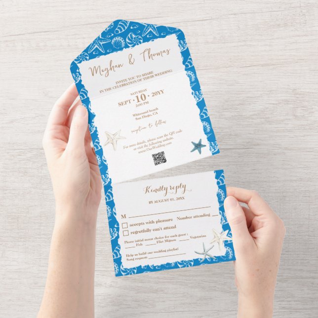 Elegant Beach Themed Wedding mit QR Code UAWG All In One Einladung (Abreißen)