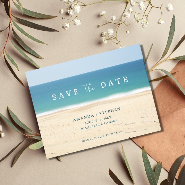 Elegant Beach Wedding Save the Date Ankündigungspostkarte (Von Creator hochgeladen)