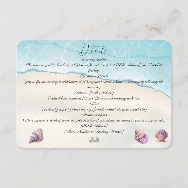 Elegant Beach Wedding Seashells Pearls Nautical Begleitkarte (Vorderseite)