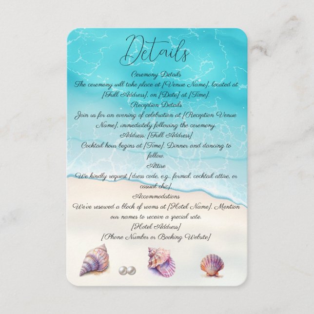 Elegant Beach Wedding Seashells Pearls Nautical Begleitkarte (Vorderseite)