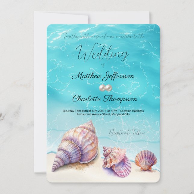 Elegant Beach Wedding Seashells Pearls Nautical Einladung (Vorderseite)