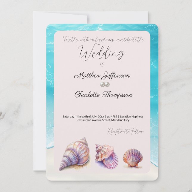 Elegant Beach Wedding Seashells Pearls Nautical Einladung (Vorderseite)