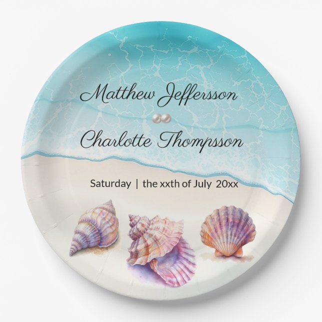 Elegant Beach Wedding Seashells Pearls Nautical Pappteller (Vorderseite)