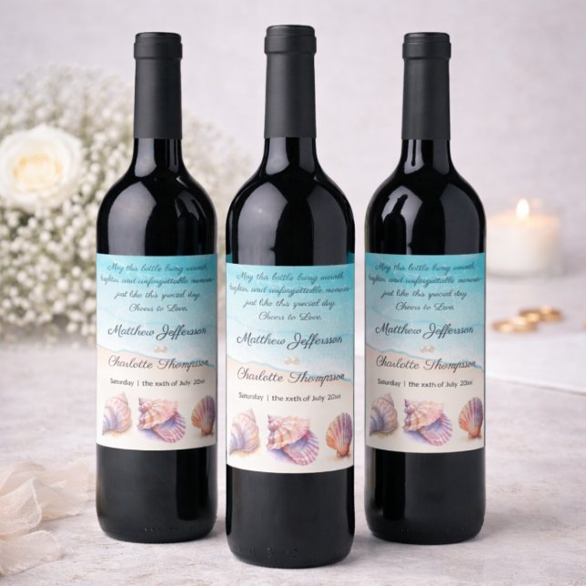 Elegant Beach Wedding Seashells Pearls Nautical Weinetikett (Von Creator hochgeladen)