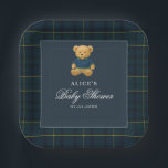 Elegant Bear Navy Blue Baby Shower Pappteller<br><div class="desc">Servieren Sie stilvoll mit unseren Bear Baby Shower Paper Tellern, die sorgfältig entworfen wurden, um Ihnen eine Touch zeitlosen Charmes zu verleihen. Mit einer Aquarellillustrierung eines zauberhaften Teddy-Bären in elegantem marineblau-blauem Outfit vereinen diese Teller klassischen, preppy-Stil mit whimsical Sweetness. Das tiefblaue und grüne Tartan-Muster im Hintergrund verleiht Ihrem Event eine...</div>