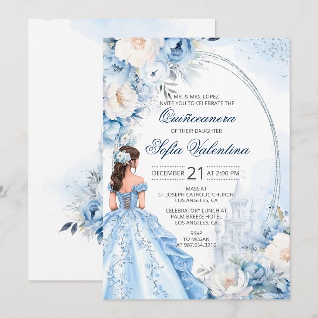 Elégant bébé bleu Quinceañera Invitation (Devant / Derrière)
