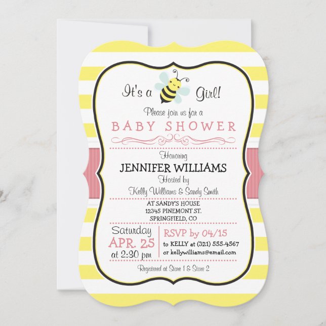 Elégant Bee Girl Baby shower Invitation (Devant)
