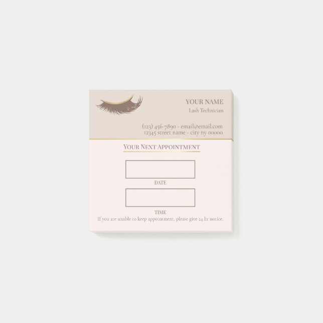 Elegant beige and gold Lash appointment Post-it Klebezettel (Vorderseite)