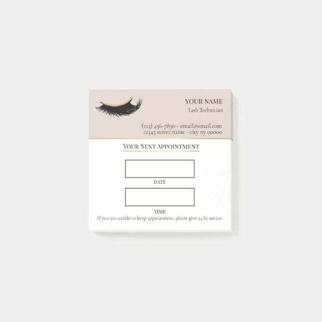 Elegant beige and gold Lash appointment Post-it Klebezettel (Vorderseite)