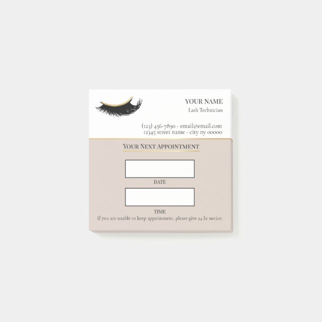 Elegant beige and gold Lash appointment Post-it Klebezettel (Vorderseite)