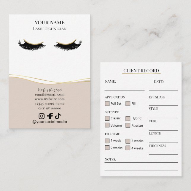 Elegant Beige and gold Lash Client Record Form Visitenkarte (Vorne/Hinten)