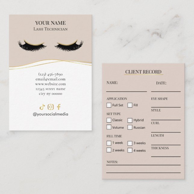 Elegant Beige and gold Lash Client Record Form Visitenkarte (Vorne/Hinten)