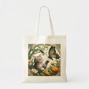 Elegant Beige Art Nouveau Kitten und Butterfly Tragetasche