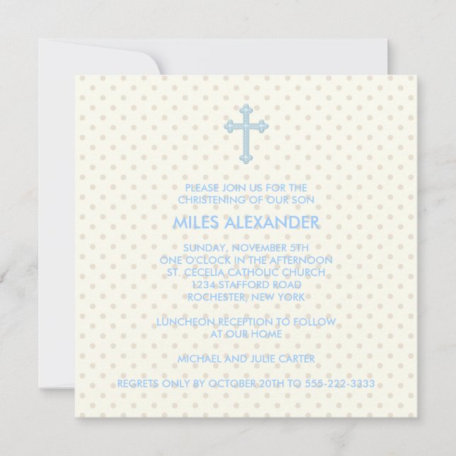 Elegant Beige Blue Cross Boys Christening Einladung (Vorderseite)