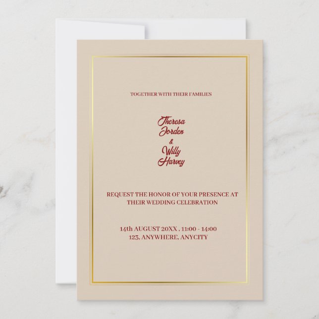 Elegant Beige & Burgundy Floral Wedding Invitation Einladung (Vorderseite)