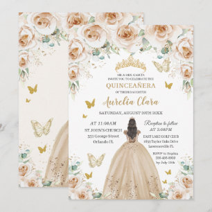 Elegant Beige Cream Floral Gold Quinceañera 16. Einladung