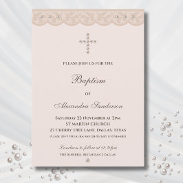 Elegant Beige Cross Christening Christian Baptism Einladung