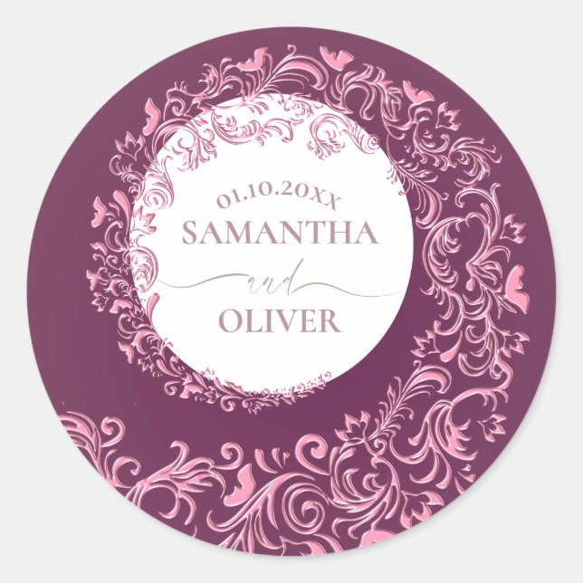 Elegant Beige Damask Wedding Runder Aufkleber (Vorderseite)