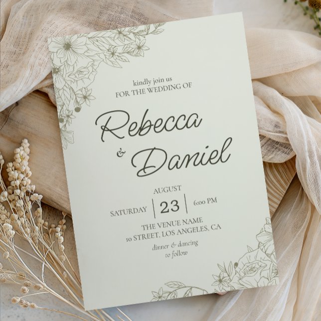 Elegant Beige Floral Minimalist Script Wedding Einladung (Von Creator hochgeladen)