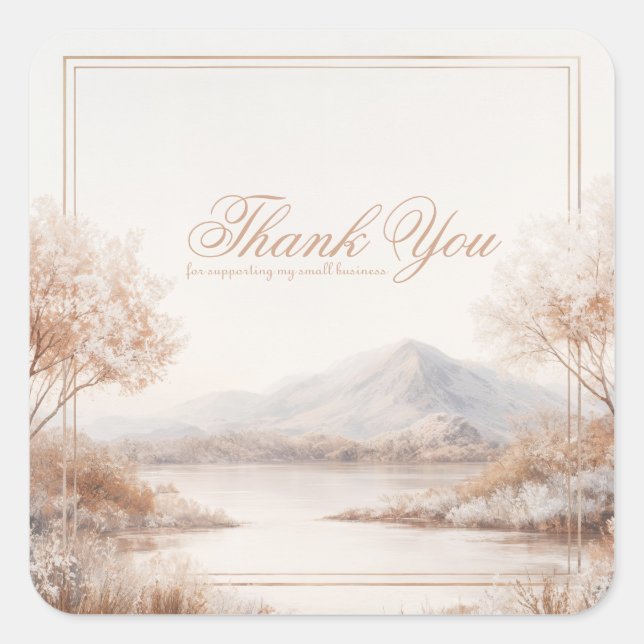 Elegant Beige Frosted Lake Gold Frame Landscape Quadratischer Aufkleber (Vorderseite)