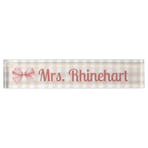 Elegant Beige Gingham mit Bow Accent Custom Namensplakette