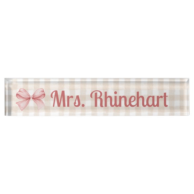 Elegant Beige Gingham mit Bow Accent Custom Namensplakette (Vorderseite)