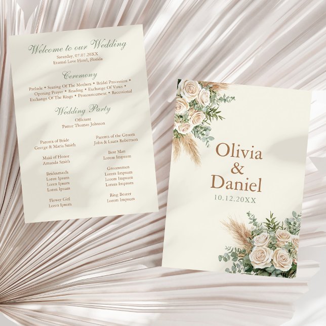 Elegant Beige Pampas & Rose Wedding Program Programm (Elegant Beige Pampas & Rose Wedding Program on a neutral dry palm leaf)