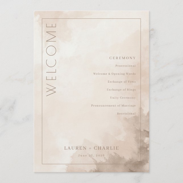 Elegant Beige Watercolor Ceremony Schedule Programm (Vorderseite)