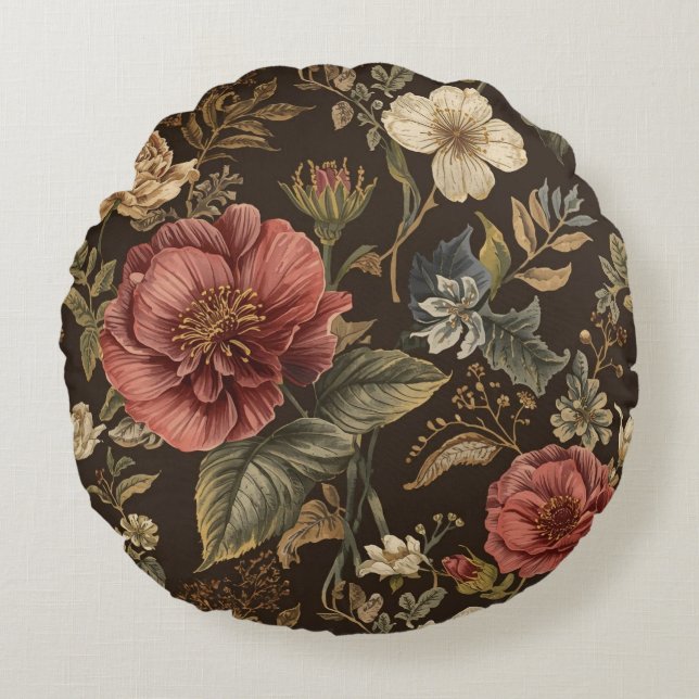 Elegant, Beigie Maroon Brown Flowers Pattern Rundes Kissen (Vorderseite)