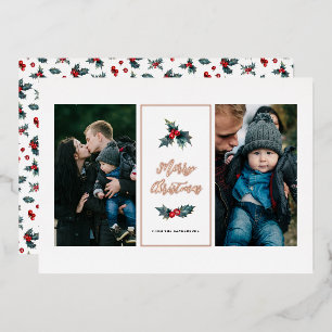 Elegant bemalt Holly Zwei Foto frohe Weihnachten Folien Feiertagskarte