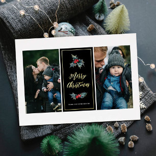 Elegant bemalt Holly Zwei Foto frohe Weihnachten Folien Feiertagskarte