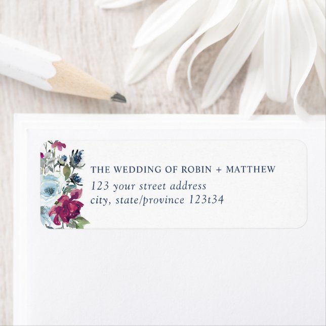 Elegant Berry Burgundy und Blue Floral Address Lab (Insitu)