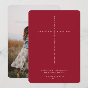 Elegant Berry Red Scripture Cross Foto Feiertagskarte
