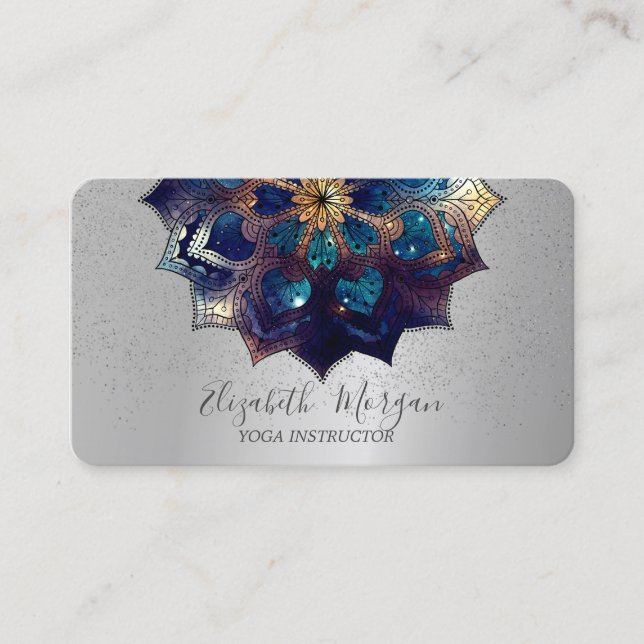 Elegant Beruflich Mandala Silver Confetti Yoga Visitenkarte (Vorderseite)