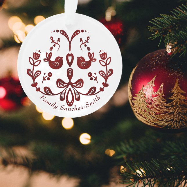 Elegant Bilingual Burgundy Birds Weihnachten Ornament (Christmas Bilingual Ornament, Spanish, custom family name Español Multilingual Project)