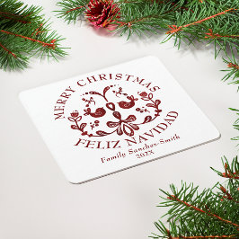 Elegant Bilingual Burgundy Birds Weihnachten Rechteckiger Pappuntersetzer