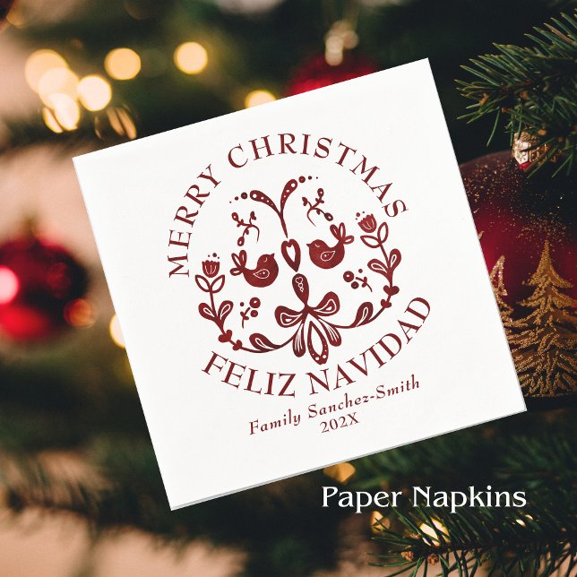 Elegant Bilingual Burgundy Birds Weihnachten Serviette (Bilingual Christmas Spanish paper napkins, customizable text & family name. multilingual project)