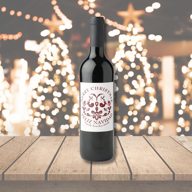 Elegant Bilingual Burgundy Birds Weihnachten Weinetikett (Bilingual custom text, birds, Merry Christmas-Feliz Navidad wine bottle label. Multilingual project)