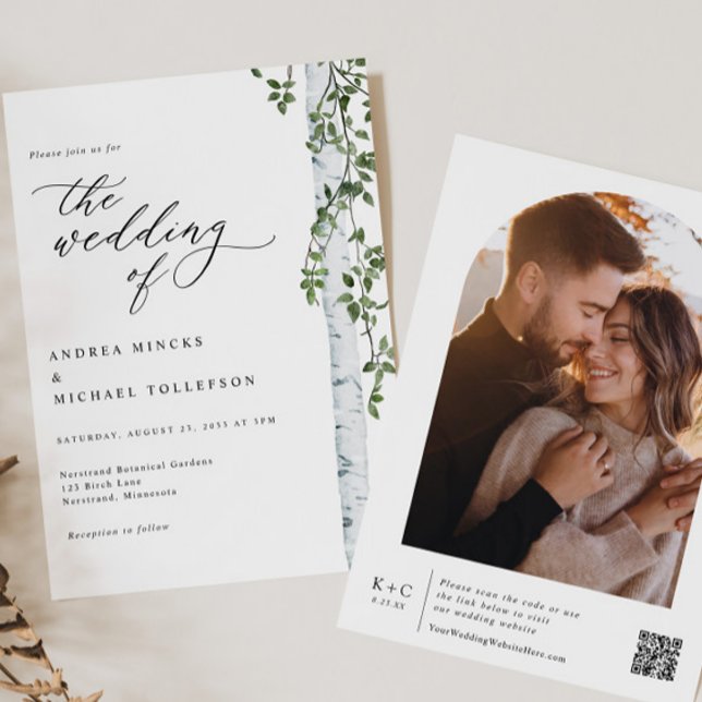 Elegant Birch Tree Boho Foto Wedding Einladung (Birch Tree Wedding Invitation with Photo on Back - Boho Woodsy Botanical Foliage & Greenery)