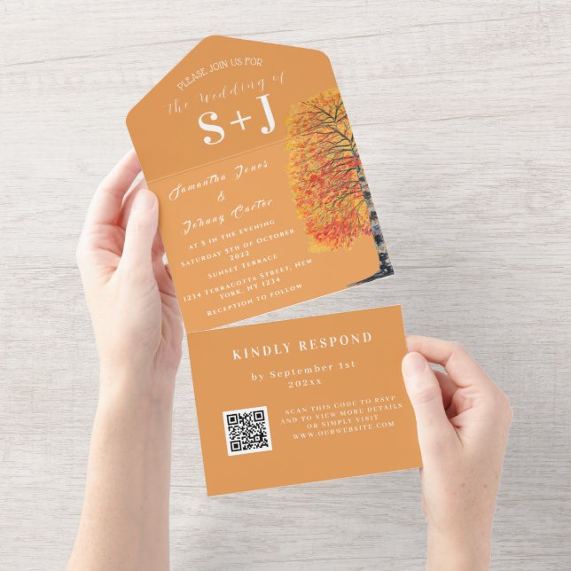 Elegant Birch Tree Fall QR Code Wedding RSVP All In One Einladung (Abreißen)