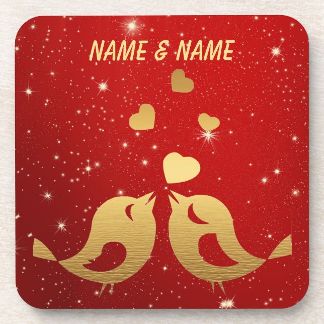 Elegant Bird Golden Heart Red Shiny Wedding Party Getränkeuntersetzer (Vorderseite)