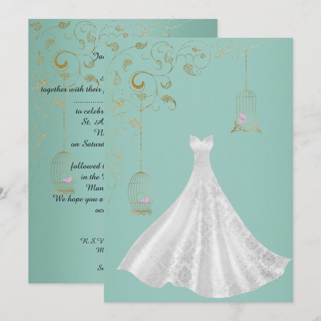 ELEGANT Birdcage Simple Weddress Green Einladung (Vorne/Hinten)