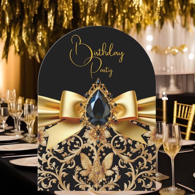 Elegant Birthday Black Gold Bow Jewel Damask Einladung (Von Creator hochgeladen)