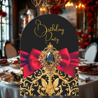 Elegant Birthday Black Gold Red Bow Jewel Damask Einladung