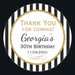 Elegant Birthday Black Gold Thank You Favor Tags Runder Aufkleber<br><div class="desc">Elegant birthday stickers featuring black and white stripes with sophisticated gold glitter accent frame. These fashionable and stylish birthday stickers will be a hit for any birthday party decor or as favor tags. Great for 21st 30th 35th 40th 45th 50th 60th 65th 70th 75th 80th 85th 90th 95th, 100 and...</div>