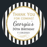 Elegant Birthday Black Gold Thank You Favor Tags Runder Aufkleber<br><div class="desc">Elegant birthday stickers featuring black and white stripes with sophisticated gold glitter accent frame. These fashionable and stylish birthday stickers will be a hit for any birthday party decor or as favor tags. Great for 21st 30th 35th 40th 45th 50th 60th 65th 70th 75th 80th 85th 90th 95th, 100 and...</div>