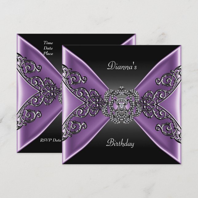 Elegant Birthday Black Lila Jewel Silver Einladung (Vorne/Hinten)